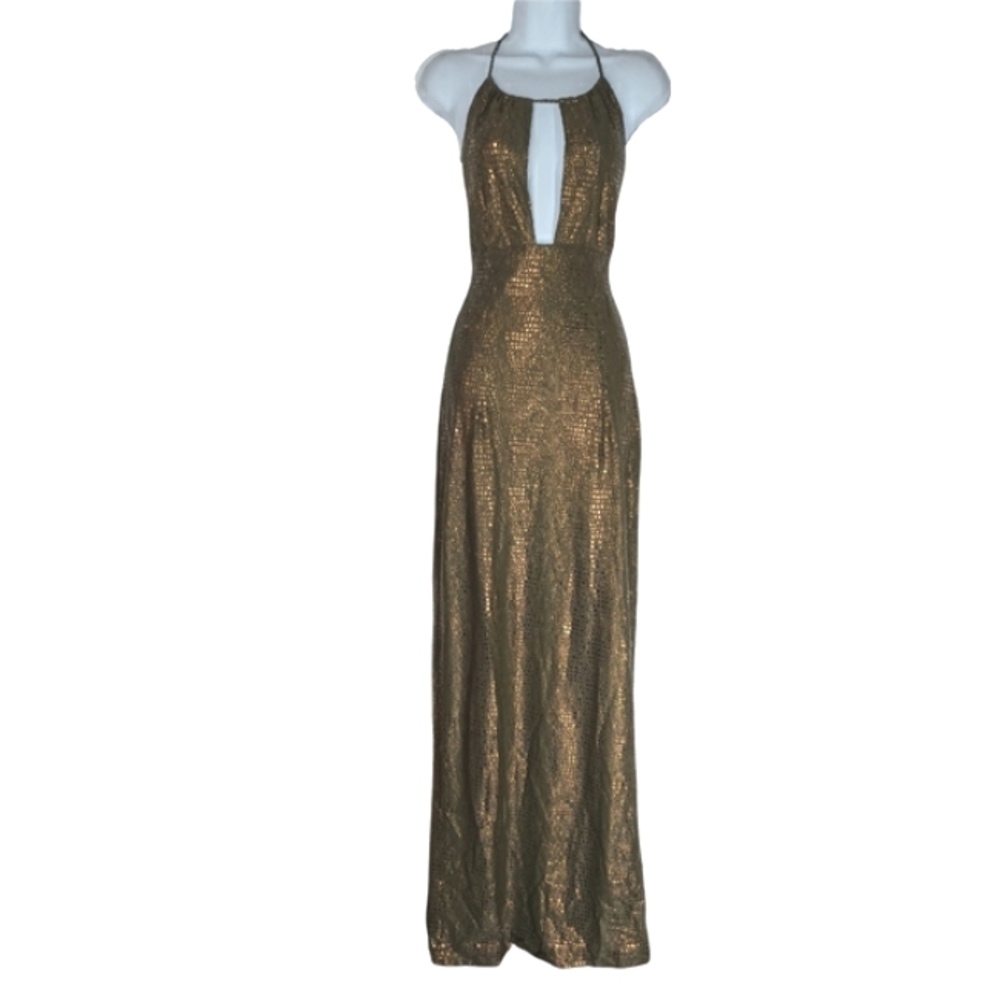 VTG CACHE Olive Green Metallic Gold Reptile Print Halter Neck Evening Maxi Dress